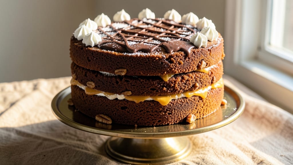 Three-Layer German Chocolate Cake Recipe: Toasted Pecan Crown Over Fudgy Layers